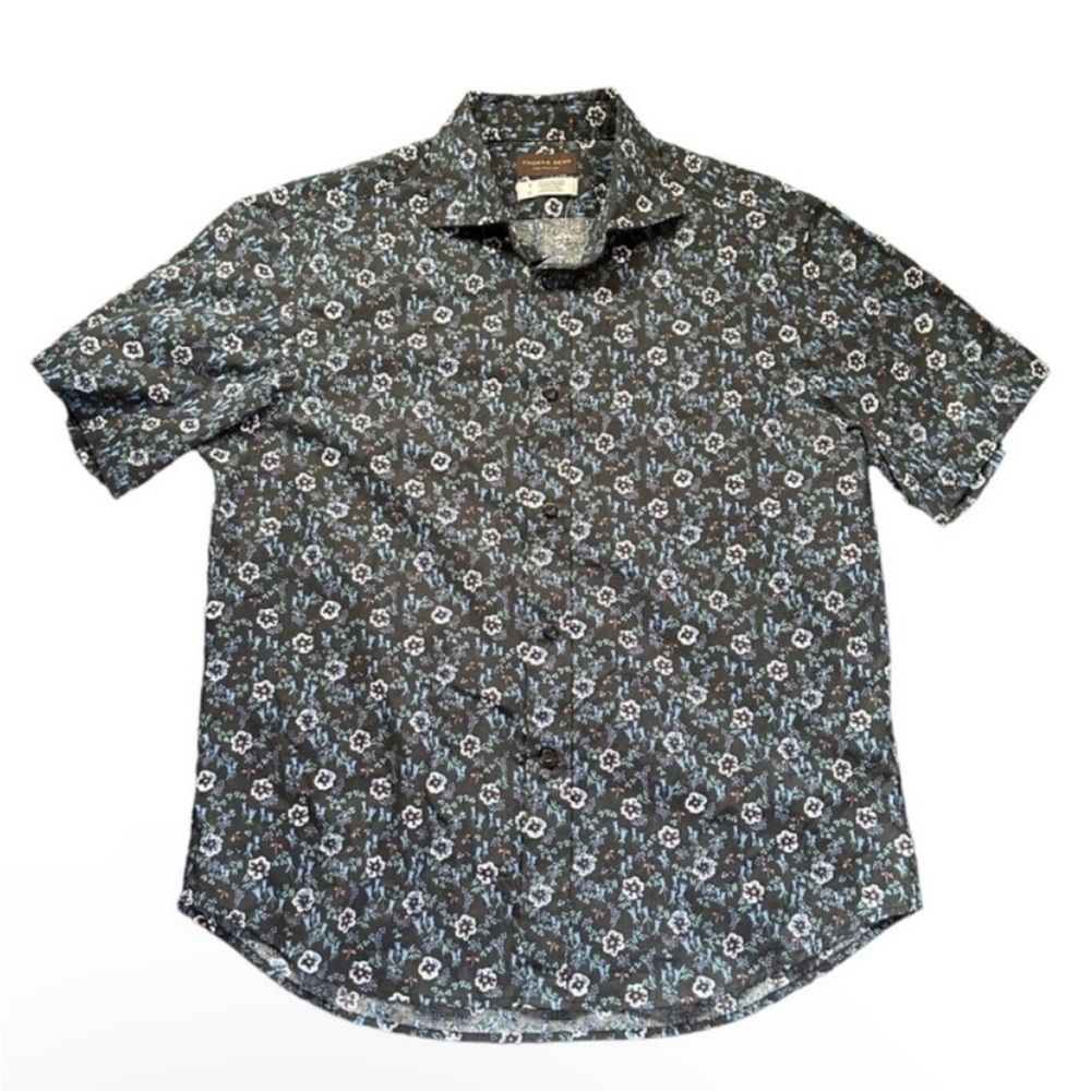 Thomas Dean Navy Floral Short Sleeve Button Down Shirt Beachy Coastal Mens S NWT